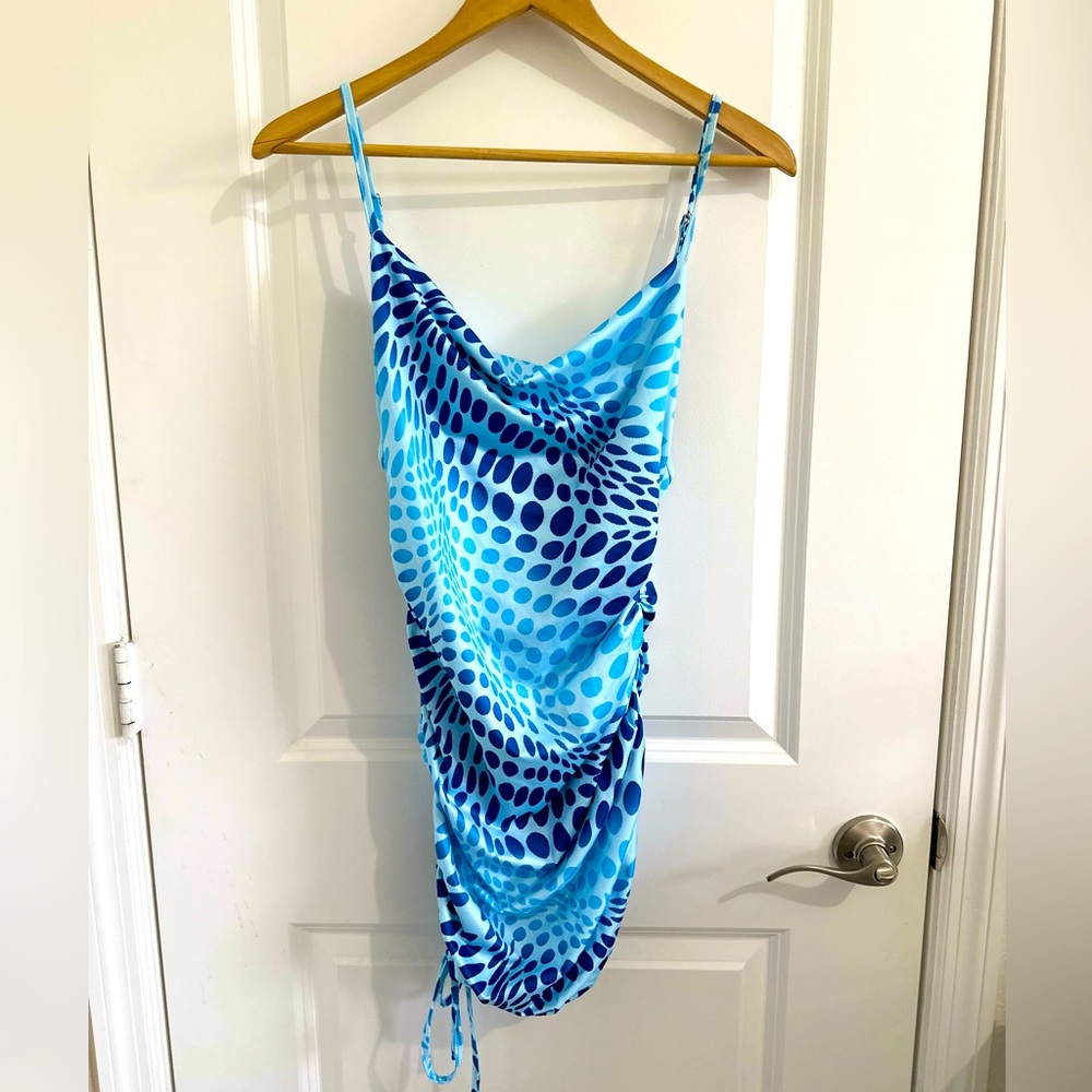 Blue dress with scrunch on side adjustable open back